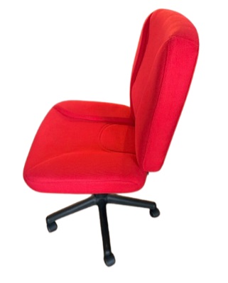 A red office chair with wheels

Description automatically generated