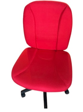 A red office chair with wheels

Description automatically generated