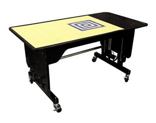 A black and yellow table with wheels

Description automatically generated