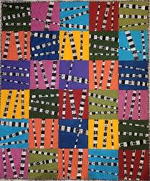 A colorful quilt with black and white stripes

Description automatically generated