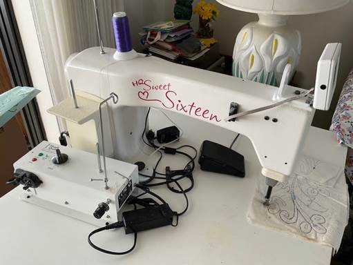 A sewing machine on a table

Description automatically generated